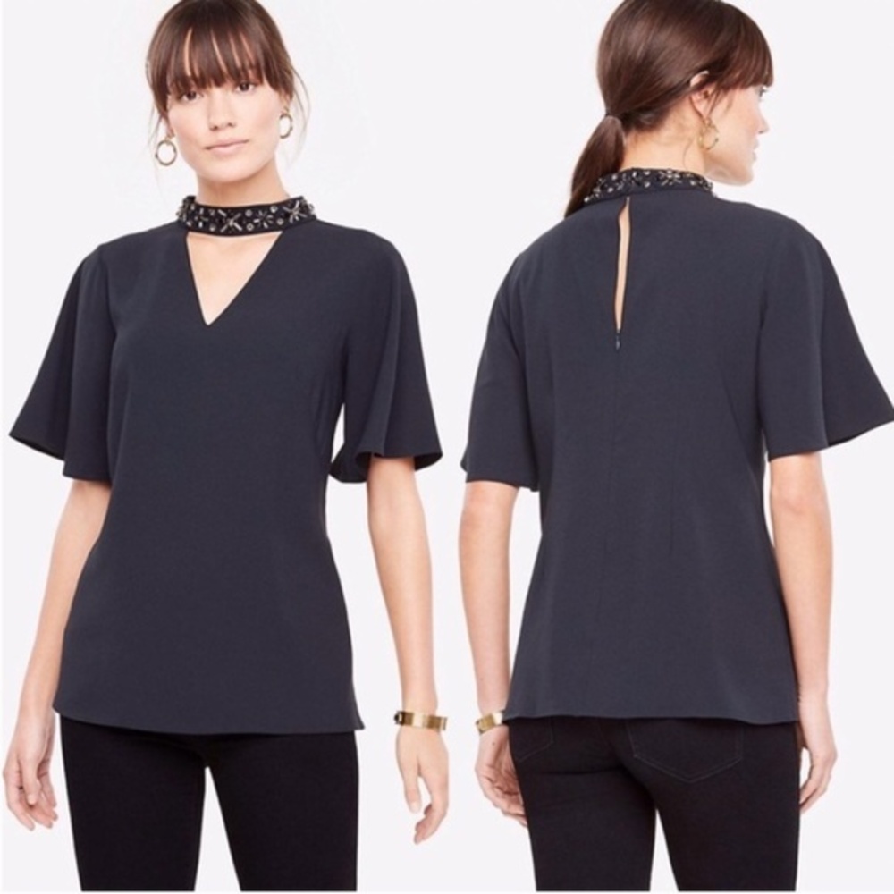 Ann Taylor Flutter Sleeve Jewel Neck Cutout Blouse Size 6